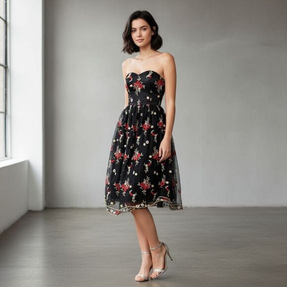 NWOT Chi Chi London Black Floral Embroidered Mesh Tulle Dress Detachable Straps - Picture 4 of 16